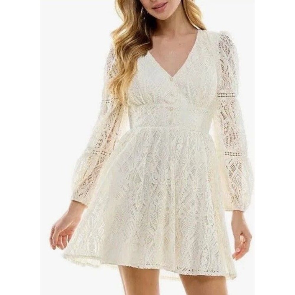 City Studio Juniors Crochet Lace Mini Dress Cream V-Neck Long Sleeve Boho Sz 3/4